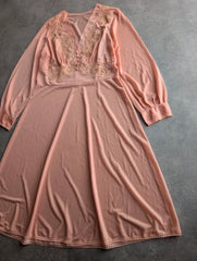Vintage 1970s Dress Women's Medium Pink Boho Prairie Lace Midi