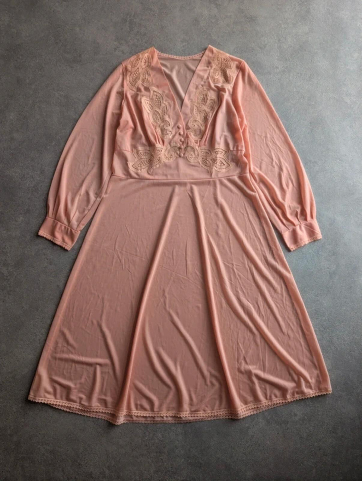 Vintage 1970s Dress Women's Medium Pink Boho Prairie Lace Midi