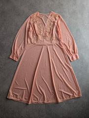 Vintage 1970s Dress Women's Medium Pink Boho Prairie Lace Midi