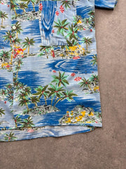 Vintage Hawaiian Shirt Men’s Medium Blue Tropical Palm Tree Holiday Summer