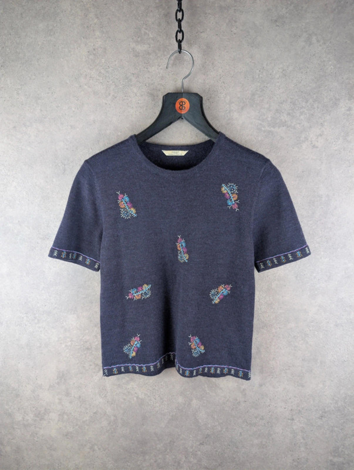 St Michael Top Womens Medium M Knitted Purple Embroidered Vintage 90s