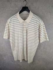 St Michael Polo Shirt Mens Large L Cream Stripped Vintage 90s Short Sleeve