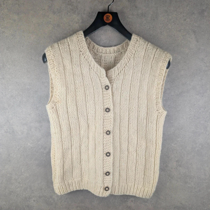 Hand Knitted Jumper Womens Medium M Cream Cardigan Waistcoat Button Up Vintage Icelandic