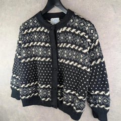 Peruvian Knitted Jumper Womens Large L Black Wool Vintage Alpaca Cardigan
