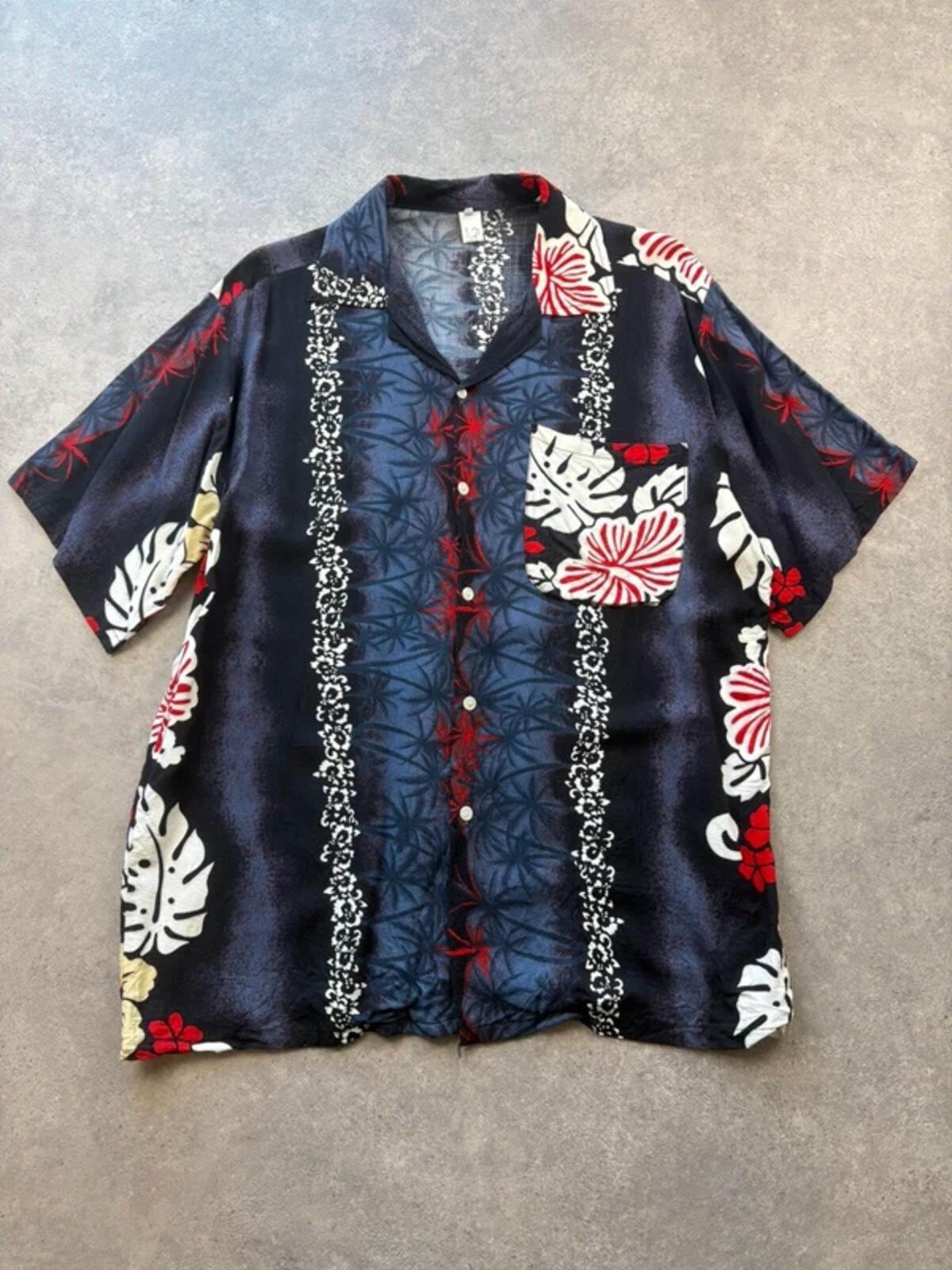 Hawaiian Shirt Men’s Large Thai Silk Black Red Floral Tropical Holiday Festival