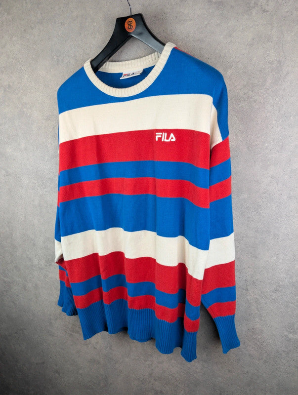 Fila Jumper Mens 2XL XXL Blue/Red Knitted Pullover Stripped Cotton