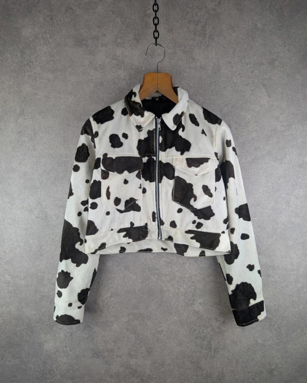 Cow Print Jacket Womens Small S Cropped Vintage Y2K Cropped Full Zip