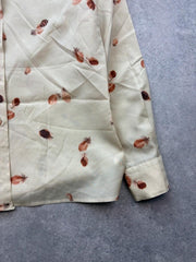 Vintage 1980s Blouse Women's Medium Beige Feather Print Pointed Collar