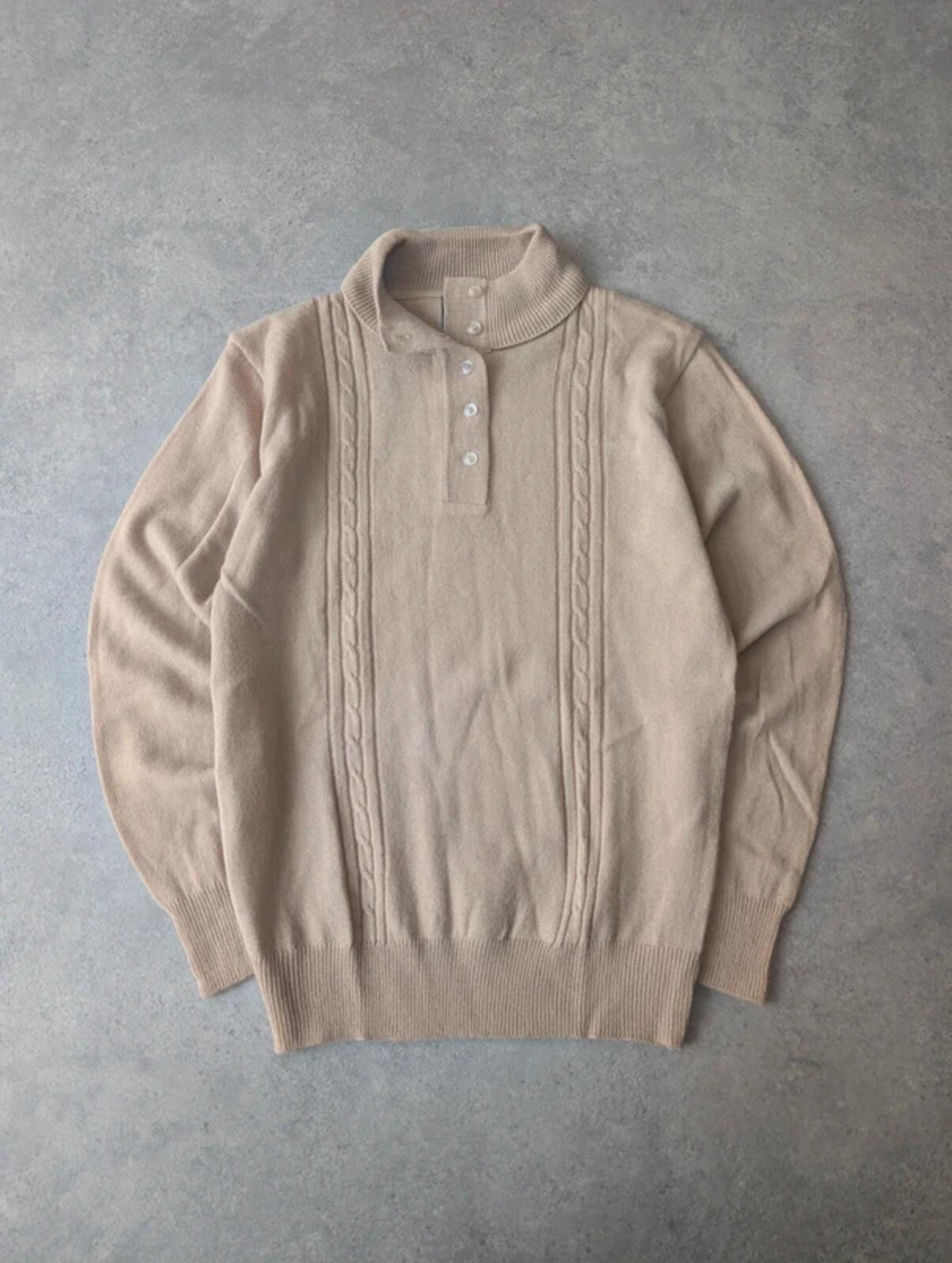Vintage 1980s Knitted Polo Shirt Womens Small Beige Cable Knit Pullover Retro