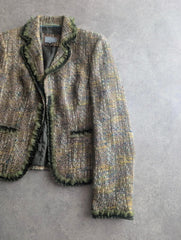Per Una Jacket Women's Small Green Tweed Y2K Boho Ruffle Trim Tailored Blazer