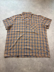 Vintage 1970s Shirt Men's Large Brown Blue Check Pointed Collar Retro
