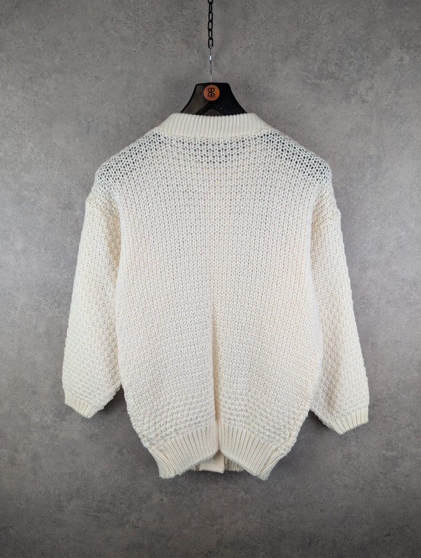 Vintage Hand Knitted Jumper Womens L Large Aran Cream Cardigan