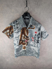 Y2K Tiger Graphic Print Shirt Mens S Small Grey