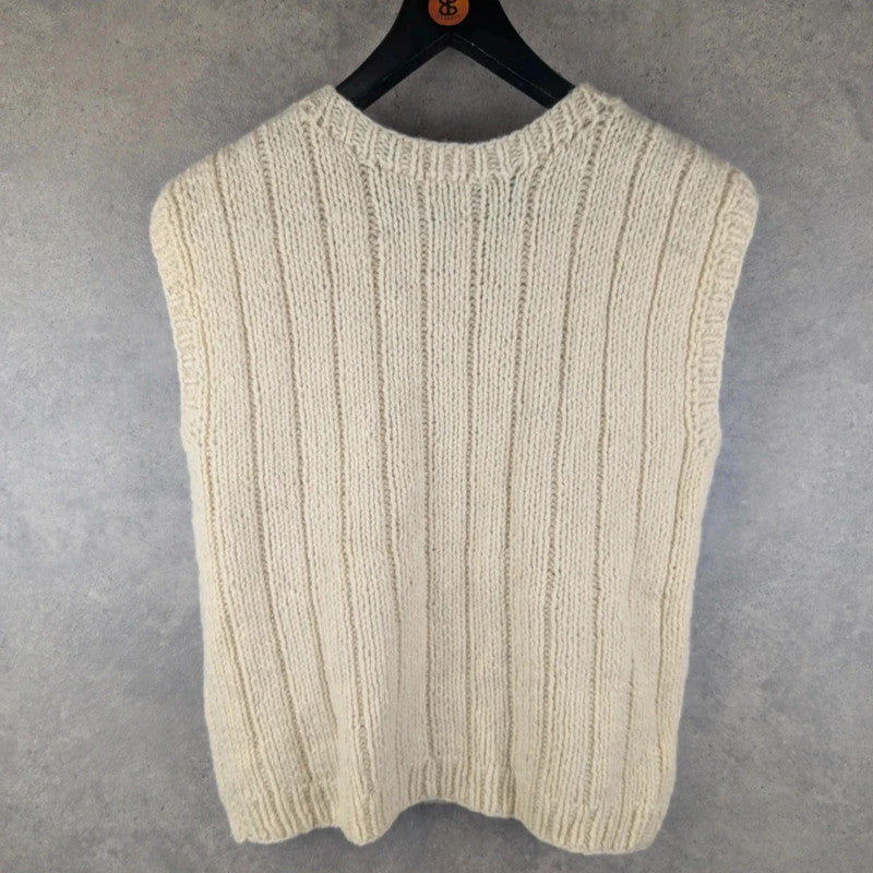 Hand Knitted Jumper Womens Medium M Cream Cardigan Waistcoat Button Up Vintage Icelandic
