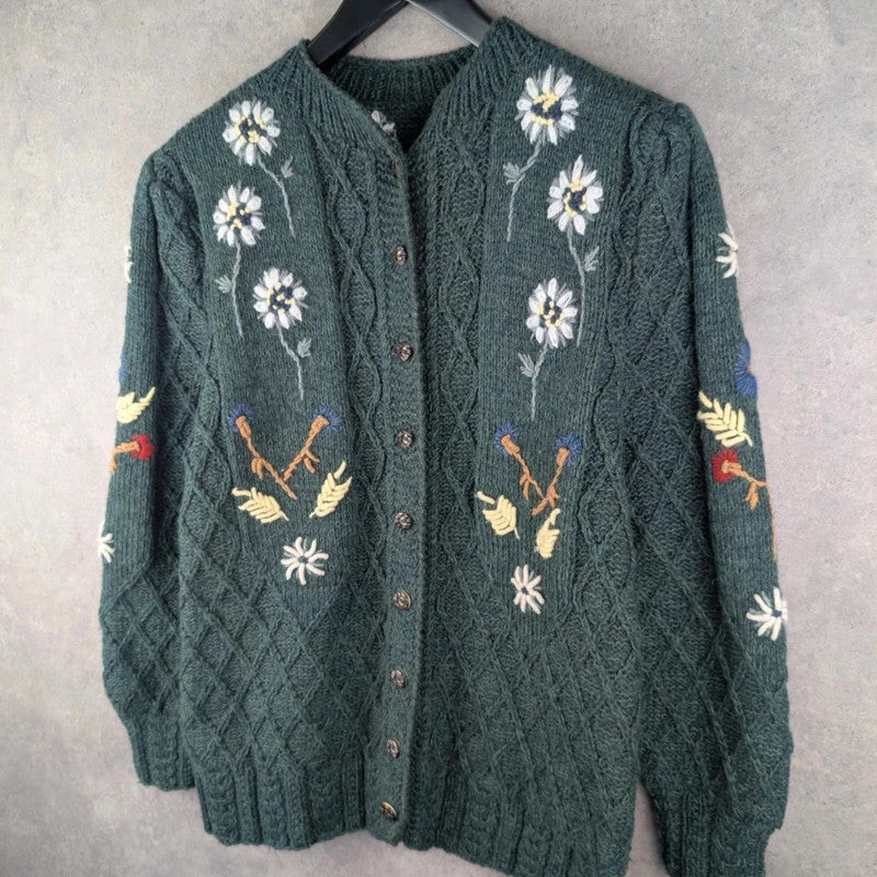 Hand Knitted Jumper Womens XL Extra Large Green Floral Cardigan