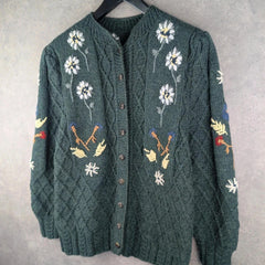 Hand Knitted Jumper Womens XL Extra Large Green Floral Cardigan