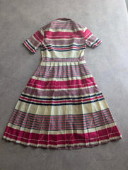 Vintage 1970s Pleated Dress Women’s Medium Pink Stripe Retro Midi