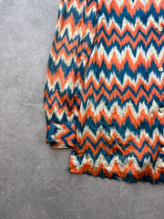 Vintage 1970s Shirt Women's Medium Blue Orange Pointed Collar Retro Long Sleeve