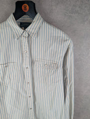 Ralph Lauren Shirt Womens Medium M Long Sleeve Snap Button Pin Stripe Vintage 90s
