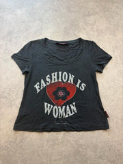 Y2K T Shirt Women’s Small Black Graphic Heart Diamante Short Sleeve