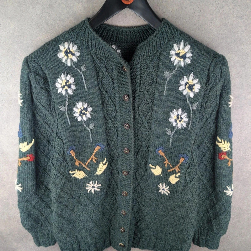 Hand Knitted Jumper Womens XL Extra Large Green Floral Cardigan