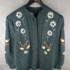 Hand Knitted Jumper Womens XL Extra Large Green Floral Cardigan