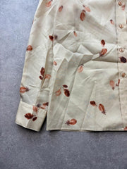 Vintage 1980s Blouse Women's Medium Beige Feather Print Pointed Collar