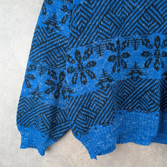 Hand Knitted Jumper Womens XL Extra Large Blue Vintage Pullover Retro