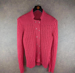 Hand Knitted Jumper Womens M Medium Pink Floral Cardigan