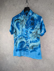 Here & There Dragon Print Shirt Mens M Medium Dragon Y2K Short Sleeve