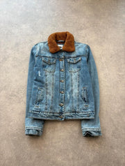 Y2K Denim Jacket Women’s XS Blue Distressed Fleece Lined Sherpa Trucker Jacket