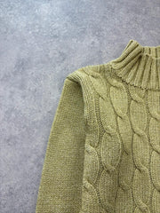 Y2K Knitted Jumper Womens Small Olive Green Cable Knit Soft Cozy Casual