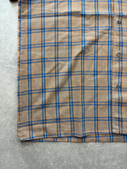Vintage 1970s Shirt Men's Large Brown Blue Check Pointed Collar Retro