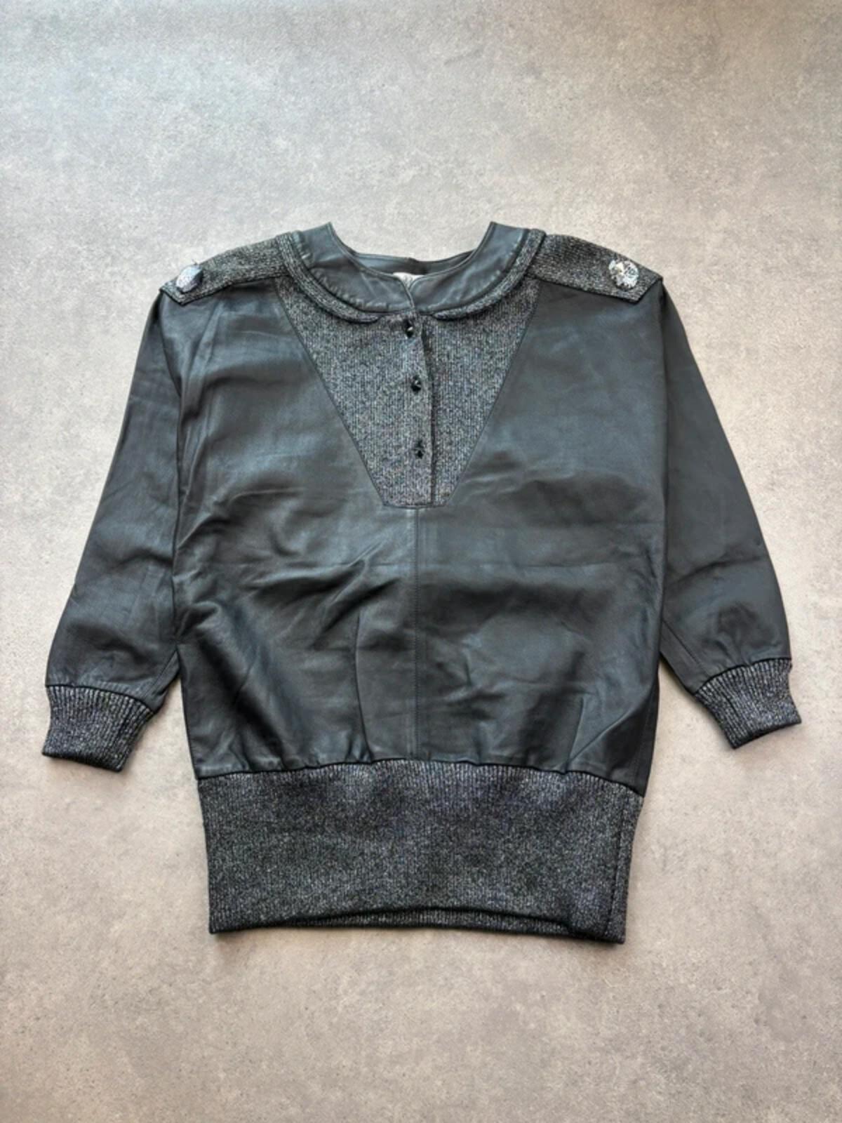 Vintage 1980s Leather Jumper Womens XL Black Metallic Baggy Elasticated Retro