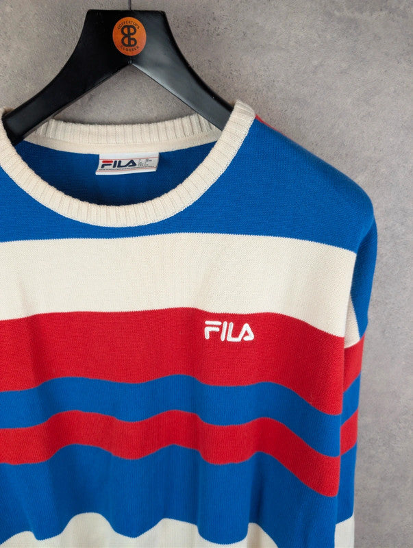 Fila Jumper Mens 2XL XXL Blue/Red Knitted Pullover Stripped Cotton