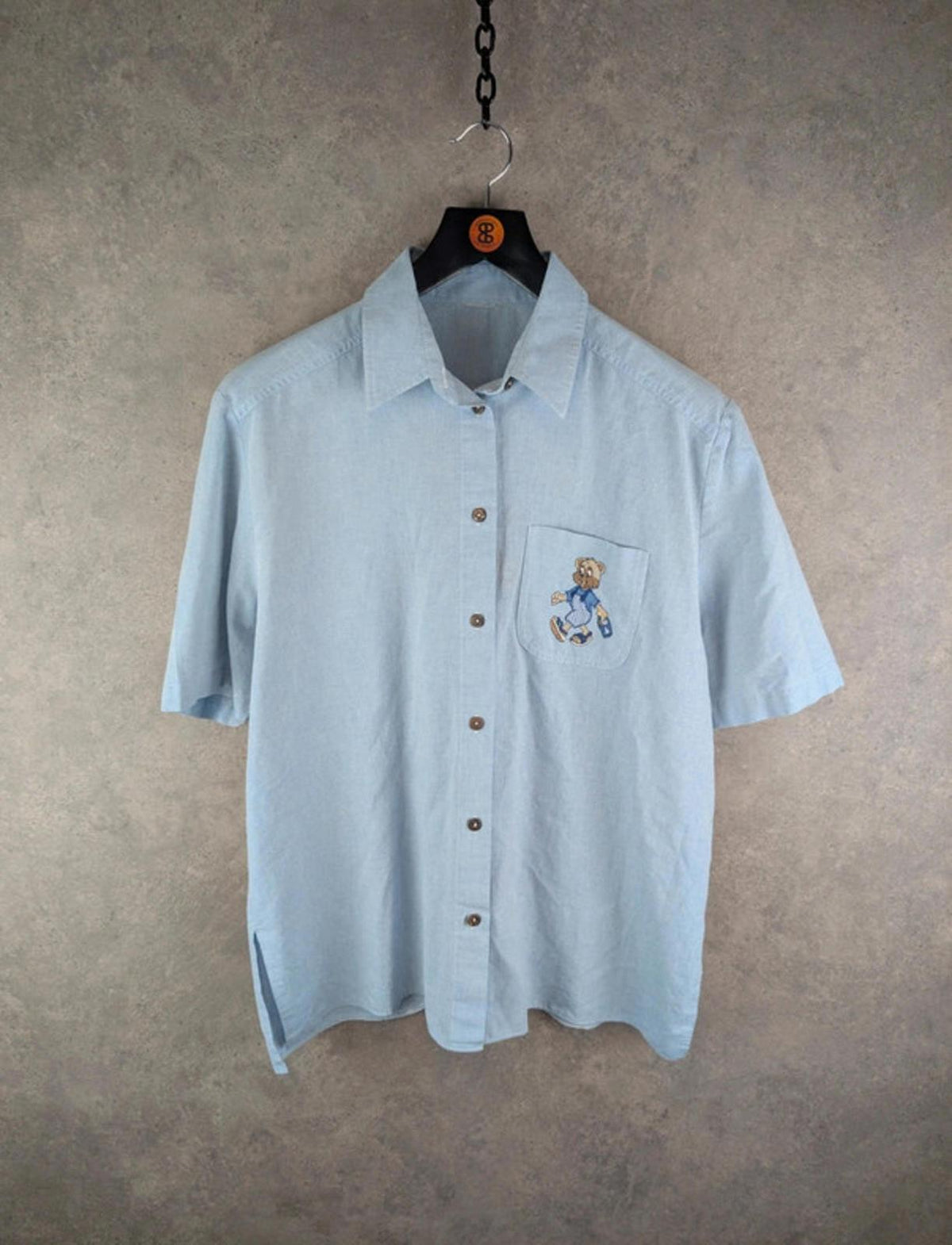 Vintage Shirt Womens 2XL XXL Blue Cotton Bear Embroidery Button Up