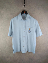 Vintage Shirt Womens 2XL XXL Blue Cotton Bear Embroidery Button Up