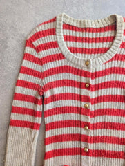 Vintage 1970s Knitted Cardigan Women’s Small Beige Red Striped Belted Longline
