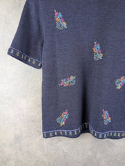 St Michael Top Womens Medium M Knitted Purple Embroidered Vintage 90s