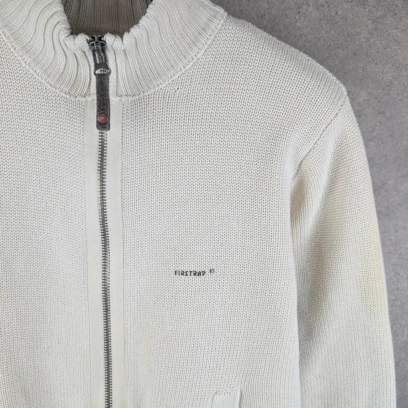 Firetrap Jumper Mens Large L knitted Y2K Full Zip Ivory Cardigan