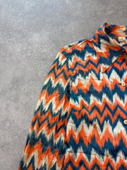Vintage 1970s Shirt Women's Medium Blue Orange Pointed Collar Retro Long Sleeve