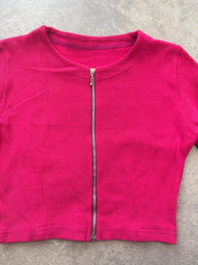 Y2K Crop Top Women’s Small Pink Ribbed Zip Front Fitted Stretch Summer