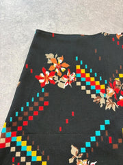 Vintage 1970s Midi Skirt Womens Medium Black Floral Geometric Slip On Boho