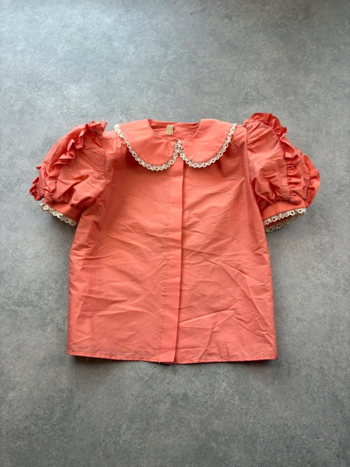 Vintage 1980s Blouse Womens Medium Pink Ruffle Puff Sleeve Made In Italy