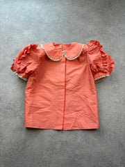 Vintage 1980s Blouse Womens Medium Pink Ruffle Puff Sleeve Made In Italy