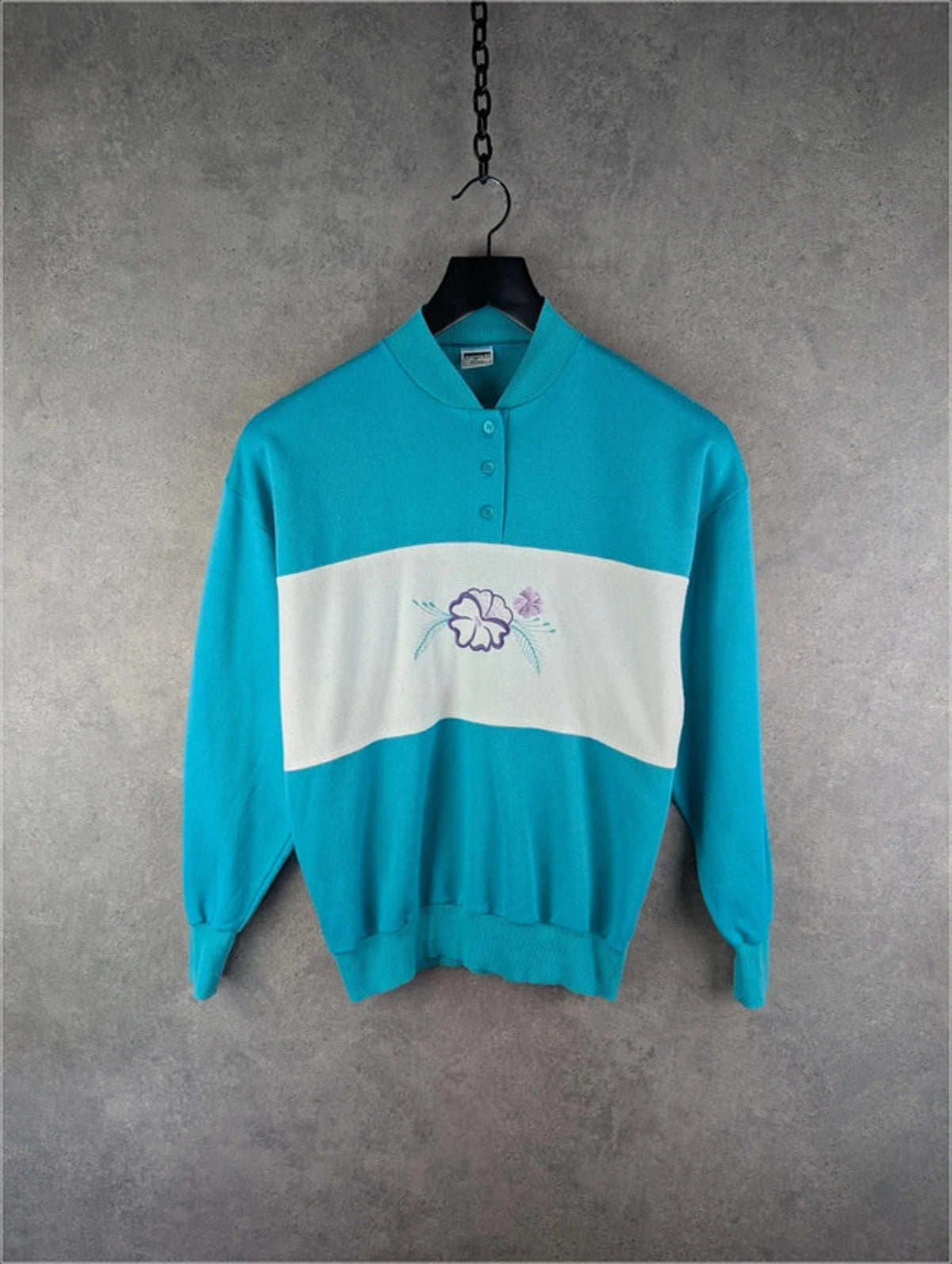 Jitex Jumper Womens Large L Blue Vintage 80s Floral Sweatshirt