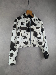 Cow Print Jacket Womens Small S Cropped Vintage Y2K Cropped Full Zip