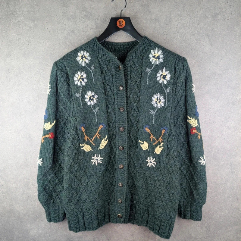 Hand Knitted Jumper Womens XL Extra Large Green Floral Cardigan