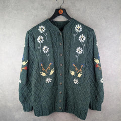 Hand Knitted Jumper Womens XL Extra Large Green Floral Cardigan