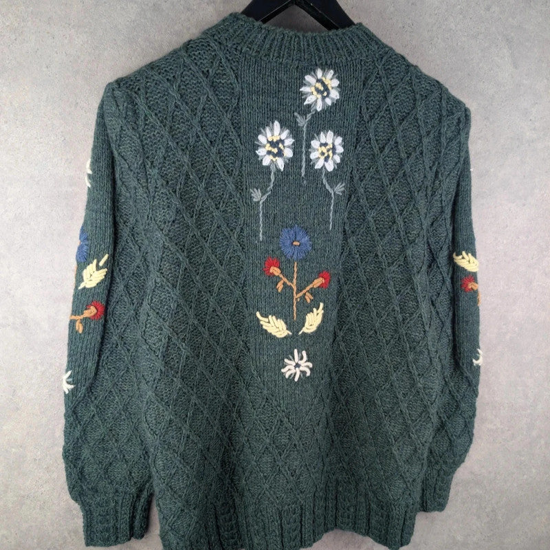 Hand Knitted Jumper Womens XL Extra Large Green Floral Cardigan